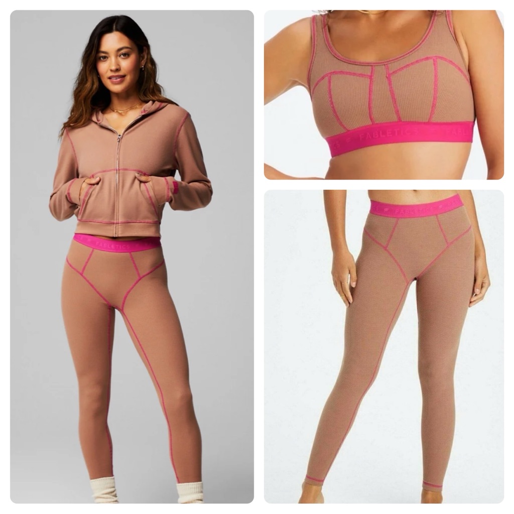 New 3pc Fabletics Lounge Workout Waffle Knit Set Zip Up Hoodie, Leggings, Bra M